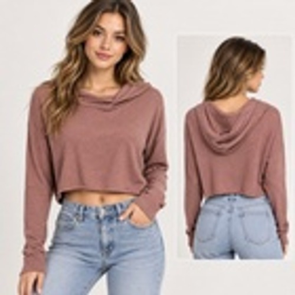 Almost Famous Womens XL Pink Ribbed Knit Cropped Hoodie Y2K Long Sleeve Top